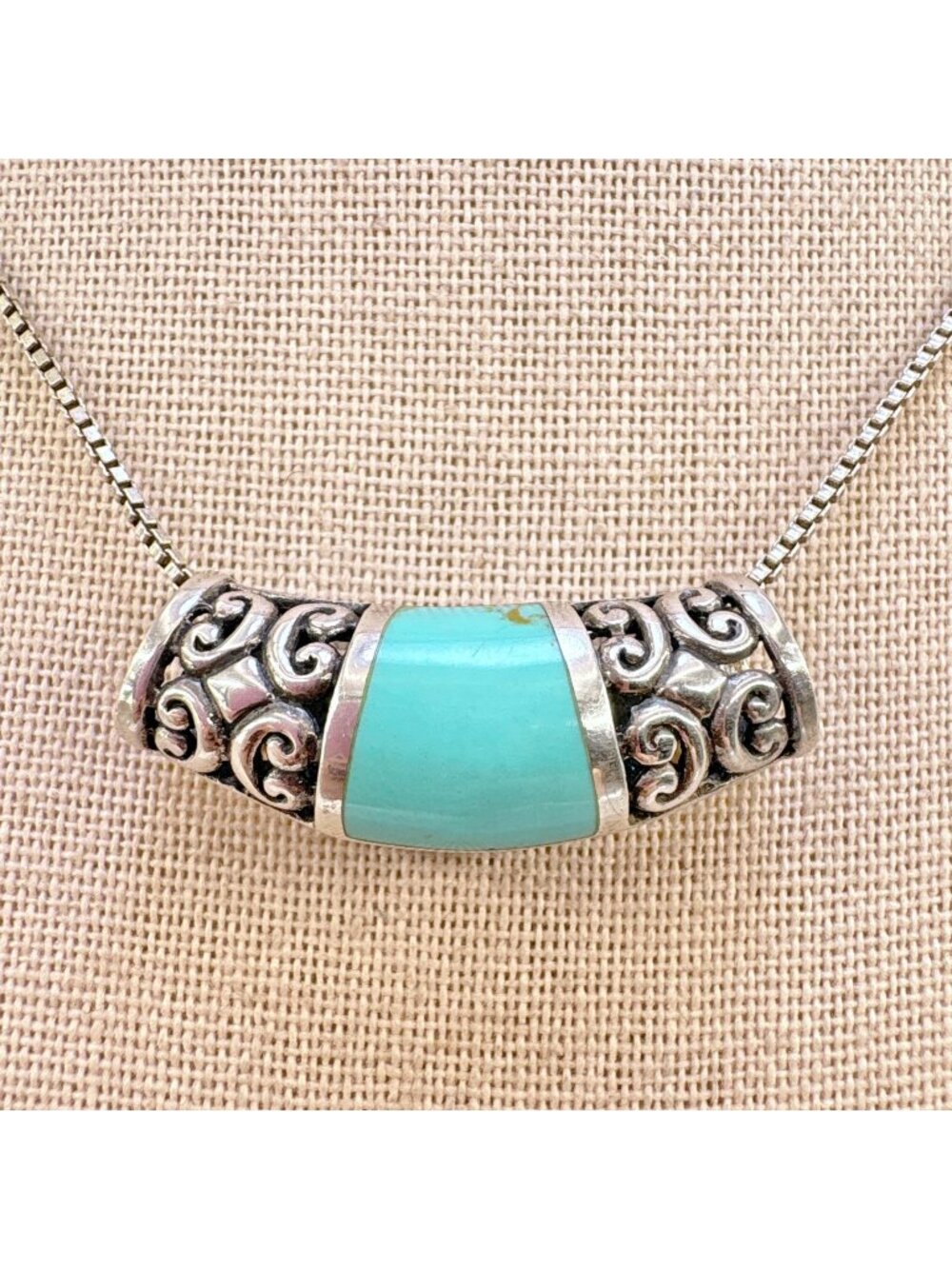Turquoise & Sterling Silver 925 Scroll Slide Pendant Necklace Size 18" Length - Picture 1 of 13
